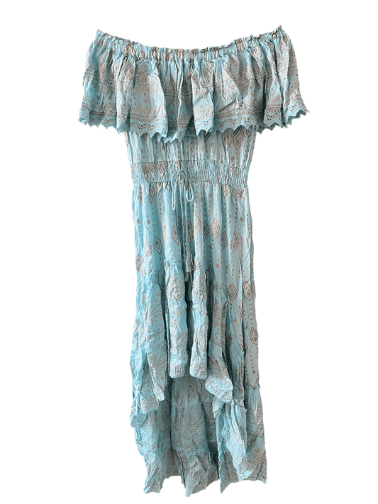 Abito turchese a spalle scoperte donna