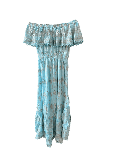 Abito turchese a spalle scoperte donna