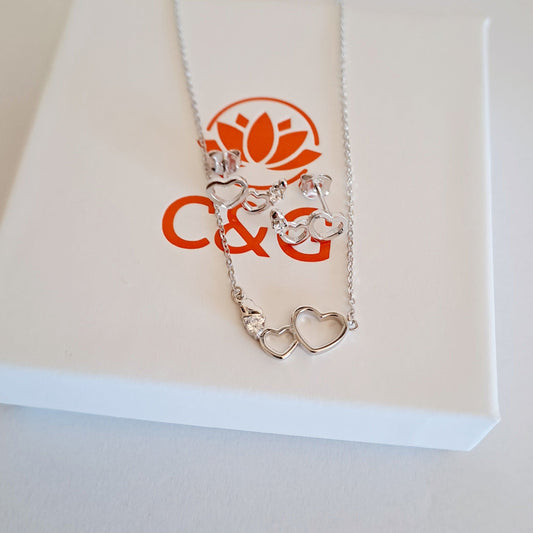 Set di orecchini e collana Twin a doppio cuore in argento