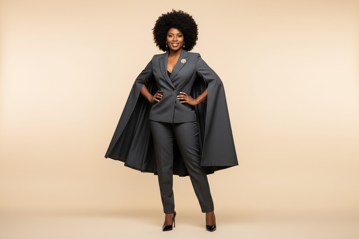 donna afro vestita in modo elegante e persuasiva