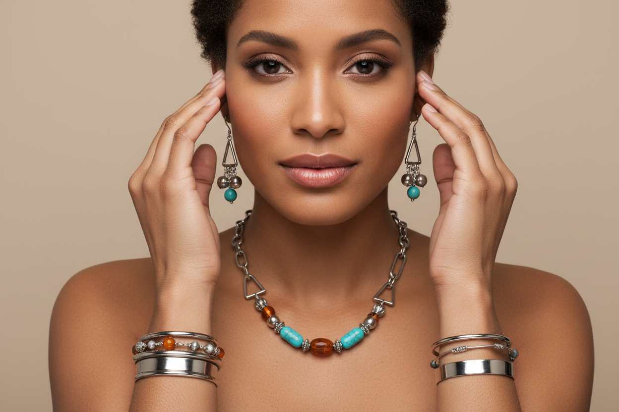 donna multi etnica che indossa gioielli in acciaio inossidabile eleganti con perline e persuasiva