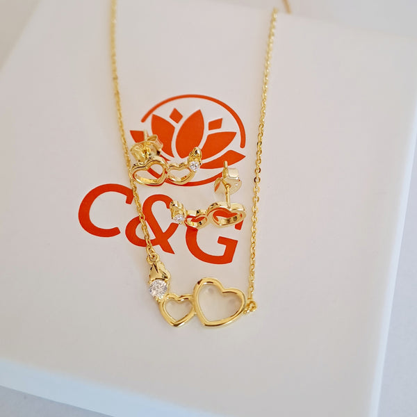 Set di orecchini e collana Twin a doppio cuore in argento